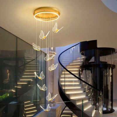 Modern Stairs Chandelier Acrylic Butterfly Shape Duplex Living Room Dining Room LED Stairs Light Pendant Hanging Lamp