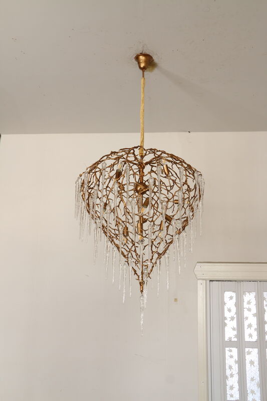 Geometric Art Deco Oversized Crystal Pendant Chandelier Brass Frame Luxury Lobby Statement Lighting Fixture
