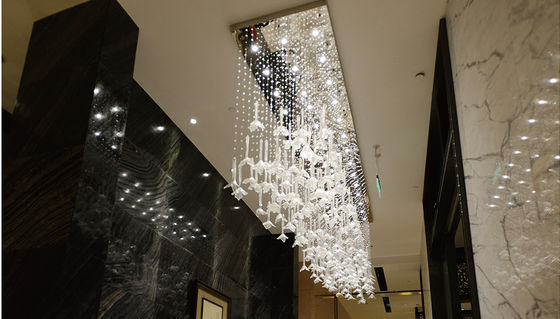 โรงแรม Custom Lobby Chandelier ใบไม้ร่วง Pendant สี่เหลี่ยม สตริงคริสตัล Creative LED คริสตัลเพดาน Chandelier